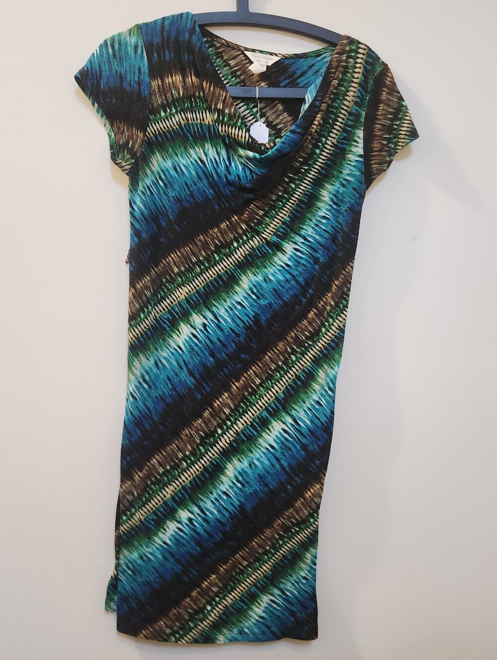 Three Seasons Maternity Blue and Green Diagonal Cowl Neck Midi Dress